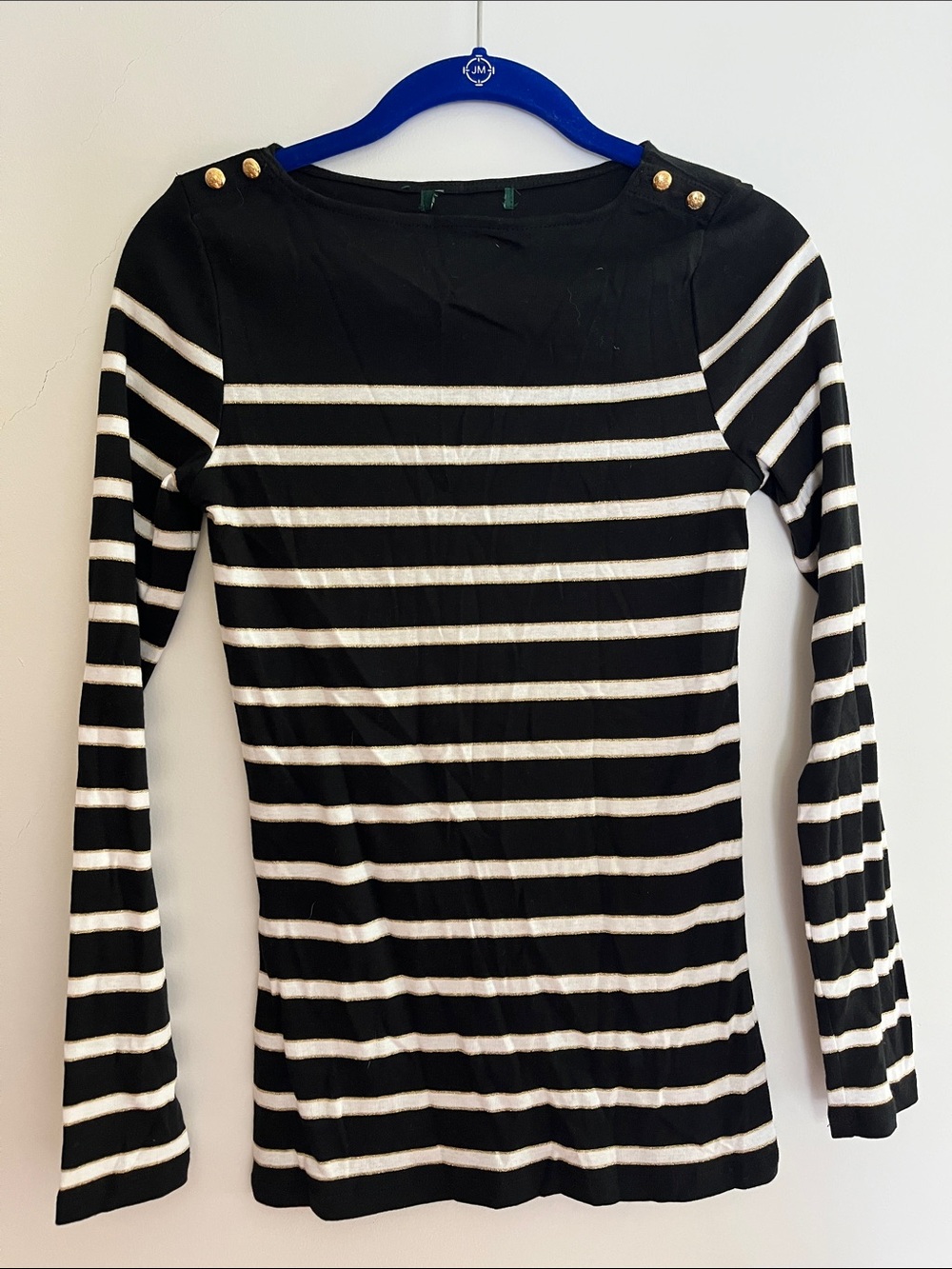 Black & White Striped Long Sleeve Top with Gold Button Detail